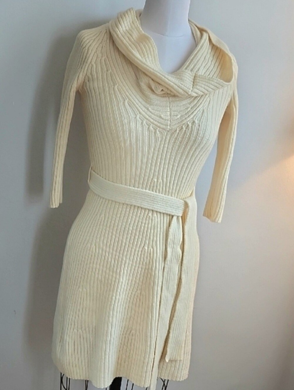 Vintage Bebe 100% Wool Cowl Neck Ribbed Sweater Mini Dress M Winter White